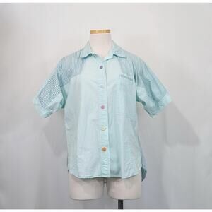 Vintage 80s Blouse Aqua Blue Dopamine Top Shirt Short Sleeve Women's Size S